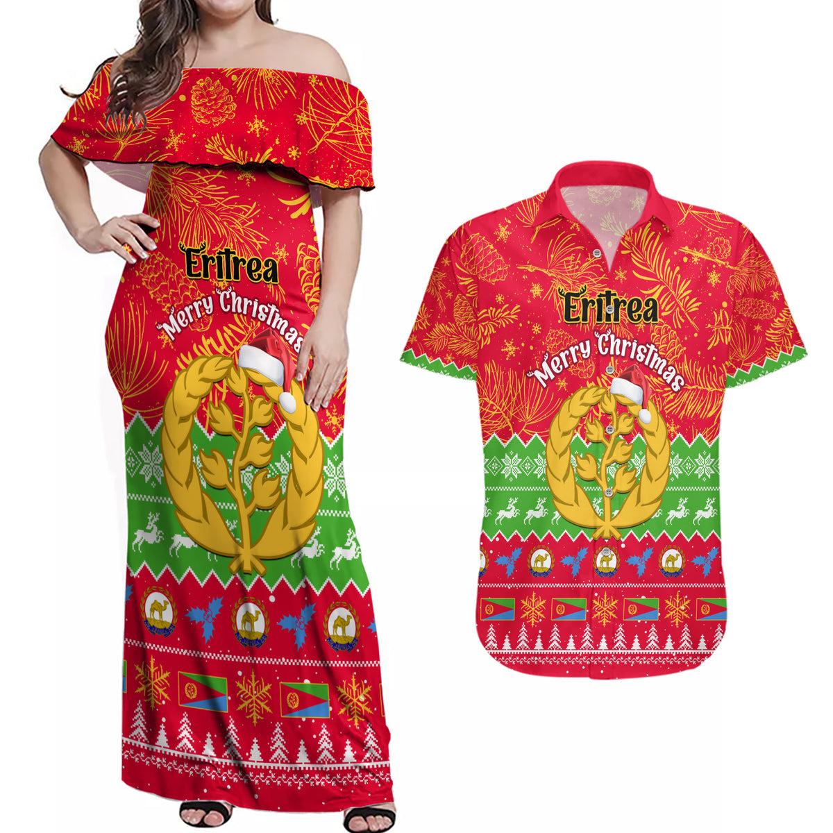 Personalised Eritrea Christmas Couples Matching Off Shoulder Maxi Dress and Hawaiian Shirt Eritrean Olive Santa Claus Merry Xmas - Wonder Print Shop