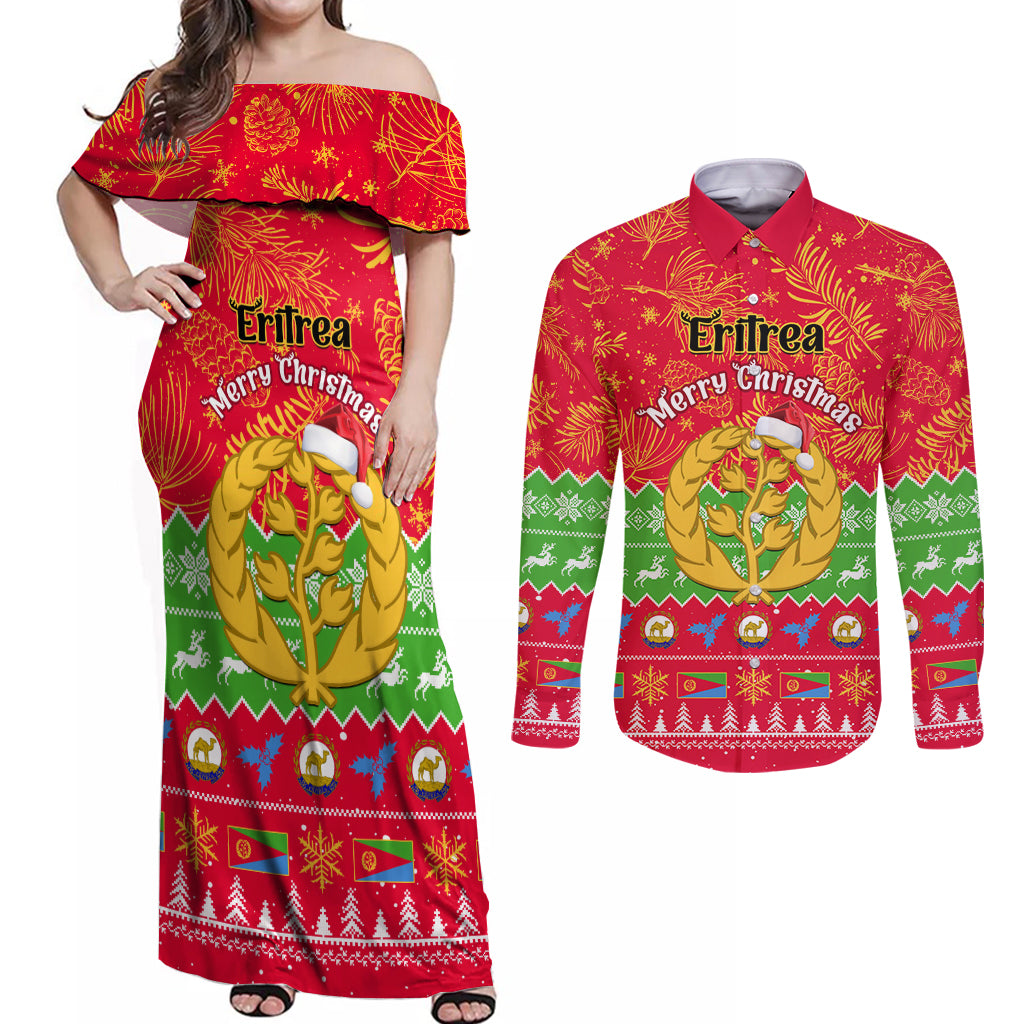 Personalised Eritrea Christmas Couples Matching Off Shoulder Maxi Dress and Long Sleeve Button Shirt Eritrean Olive Santa Claus Merry Xmas - Wonder Print Shop