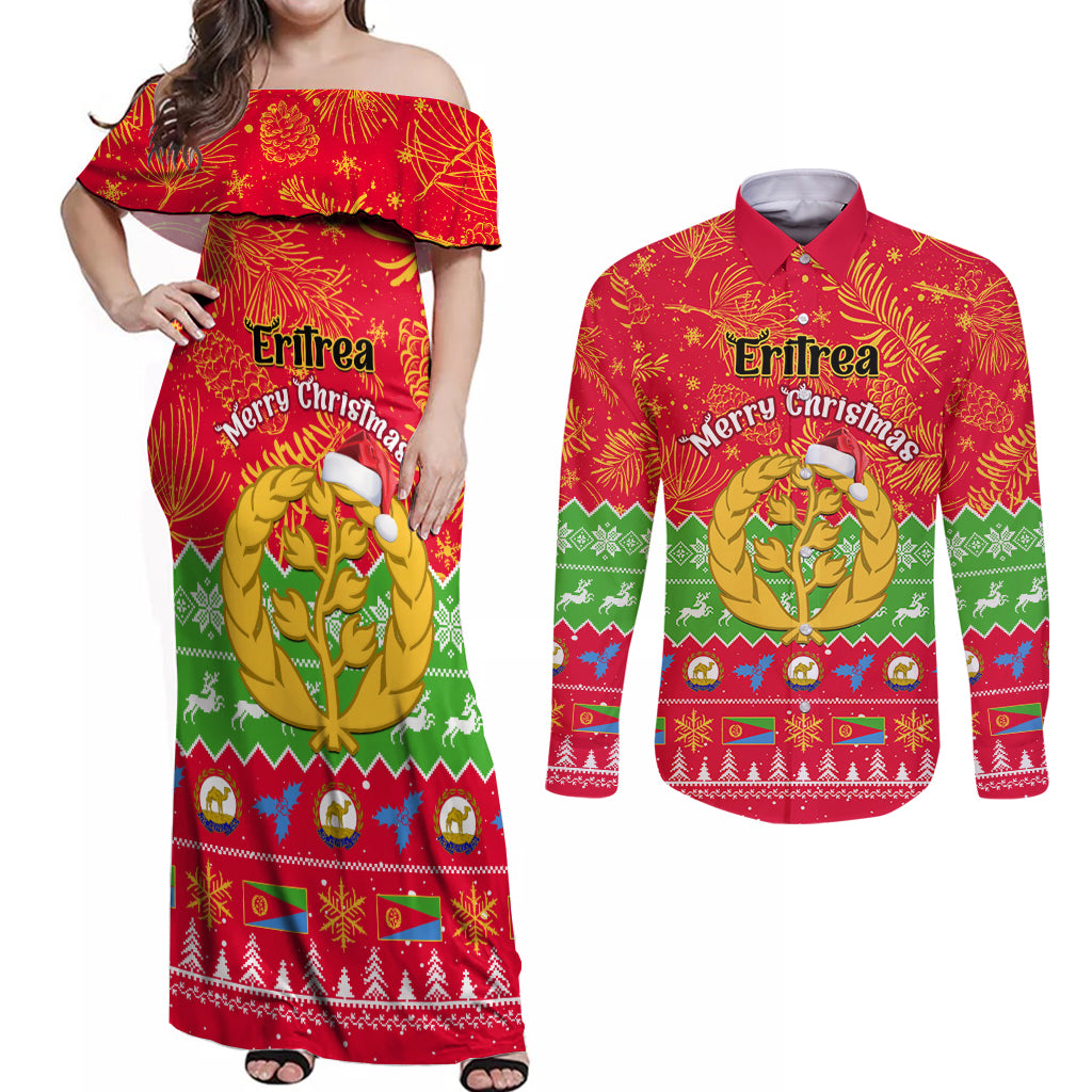 personalised-eritrea-christmas-couples-matching-off-shoulder-maxi-dress-and-long-sleeve-button-shirt-eritrean-olive-santa-claus-merry-xmas