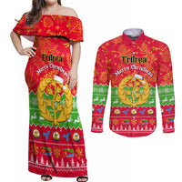 Personalised Eritrea Christmas Couples Matching Off Shoulder Maxi Dress and Long Sleeve Button Shirt Eritrean Olive Santa Claus Merry Xmas - Wonder Print Shop