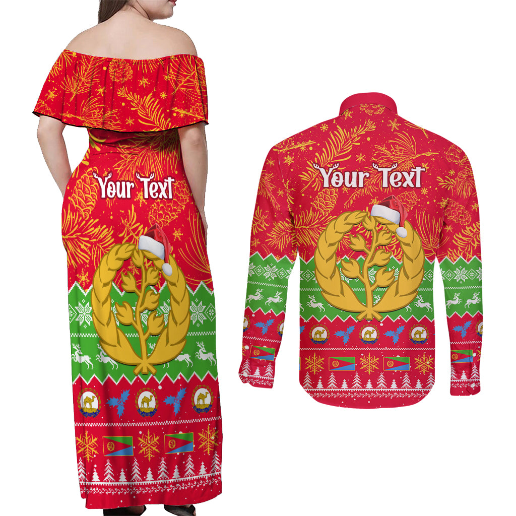 Personalised Eritrea Christmas Couples Matching Off Shoulder Maxi Dress and Long Sleeve Button Shirt Eritrean Olive Santa Claus Merry Xmas - Wonder Print Shop