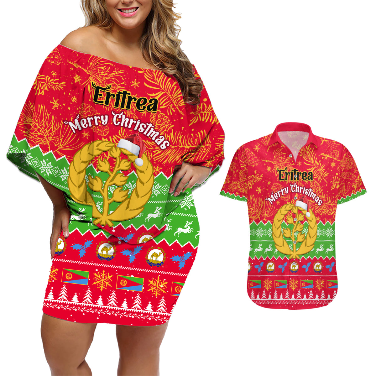 Personalised Eritrea Christmas Couples Matching Off Shoulder Short Dress and Hawaiian Shirt Eritrean Olive Santa Claus Merry Xmas - Wonder Print Shop