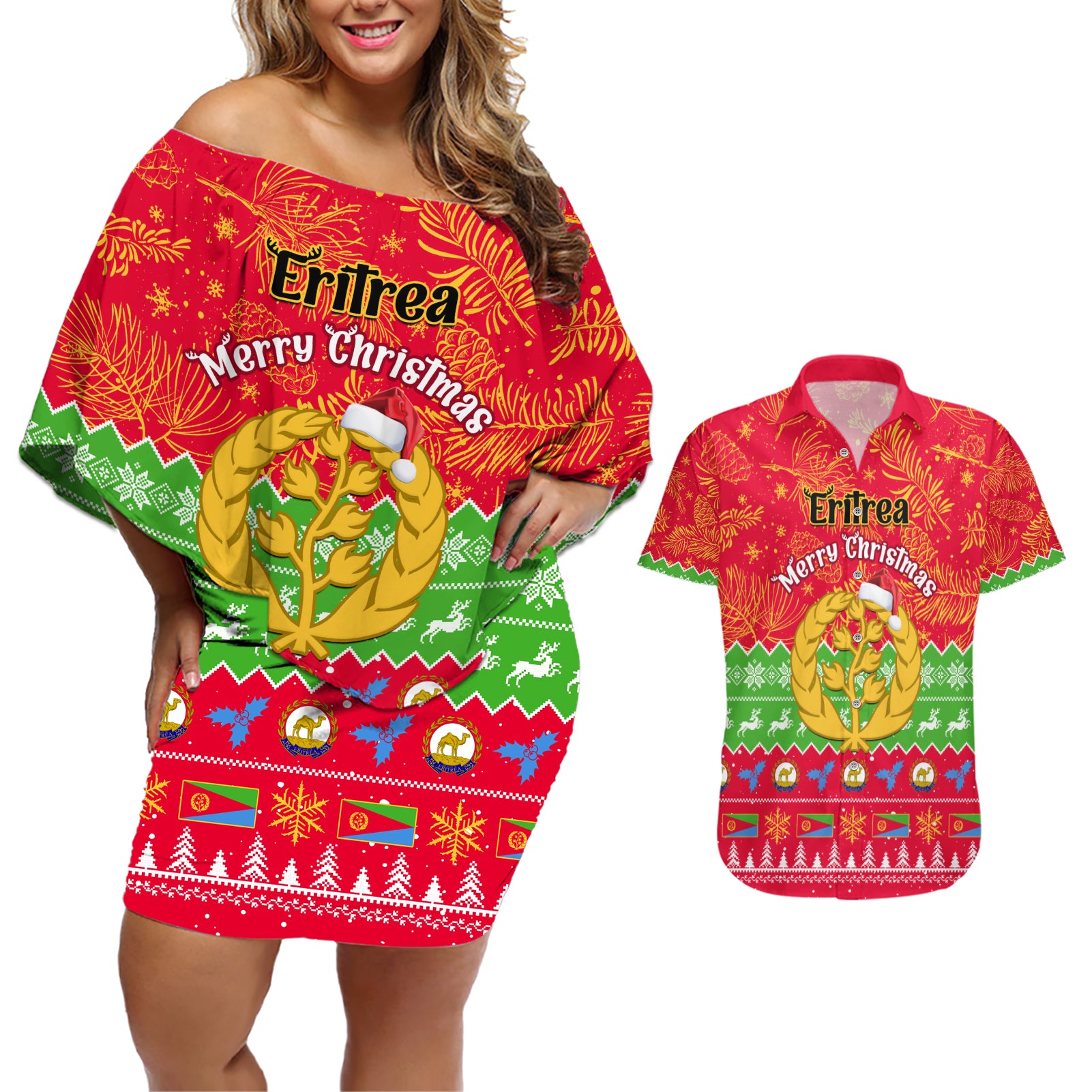 personalised-eritrea-christmas-couples-matching-off-shoulder-short-dress-and-hawaiian-shirt-eritrean-olive-santa-claus-merry-xmas