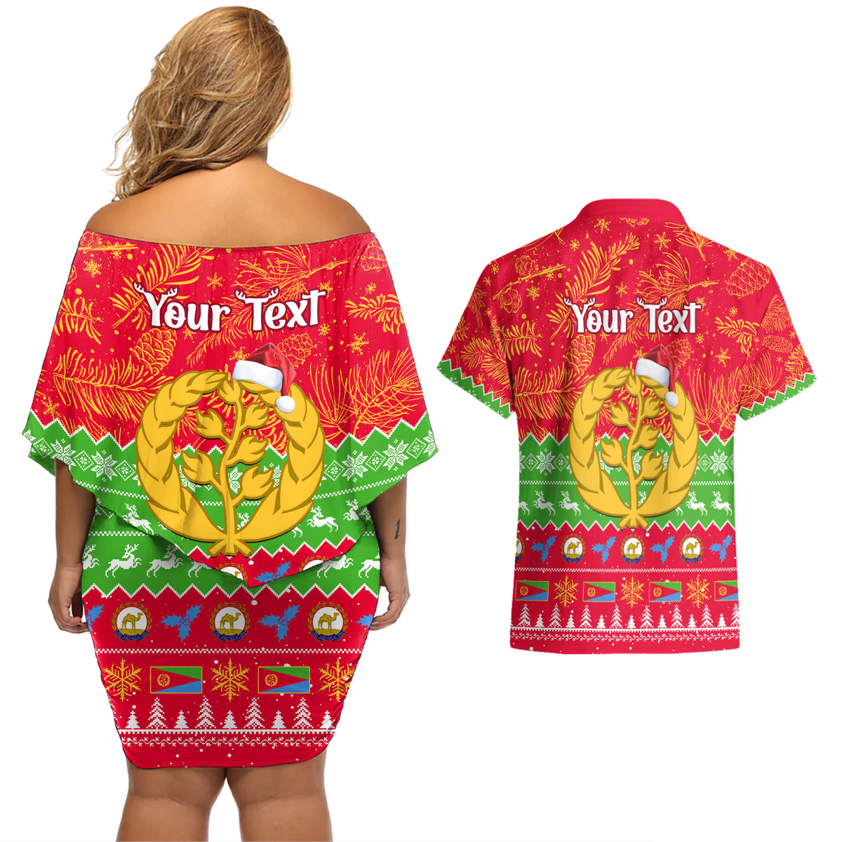 Personalised Eritrea Christmas Couples Matching Off Shoulder Short Dress and Hawaiian Shirt Eritrean Olive Santa Claus Merry Xmas - Wonder Print Shop