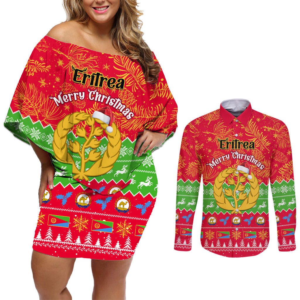 Personalised Eritrea Christmas Couples Matching Off Shoulder Short Dress and Long Sleeve Button Shirt Eritrean Olive Santa Claus Merry Xmas - Wonder Print Shop