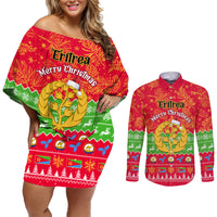 Personalised Eritrea Christmas Couples Matching Off Shoulder Short Dress and Long Sleeve Button Shirt Eritrean Olive Santa Claus Merry Xmas - Wonder Print Shop
