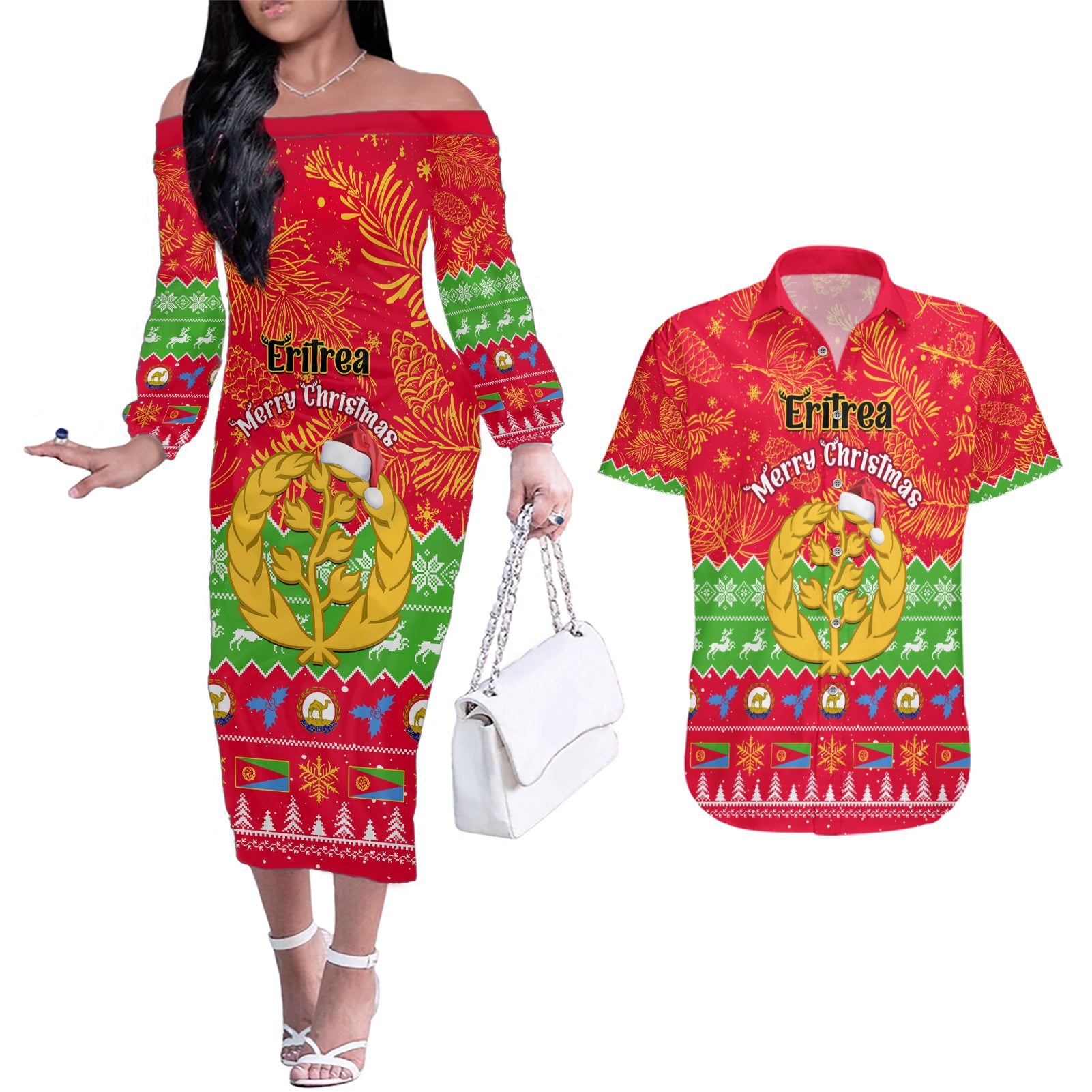 Personalised Eritrea Christmas Couples Matching Off The Shoulder Long Sleeve Dress and Hawaiian Shirt Eritrean Olive Santa Claus Merry Xmas - Wonder Print Shop