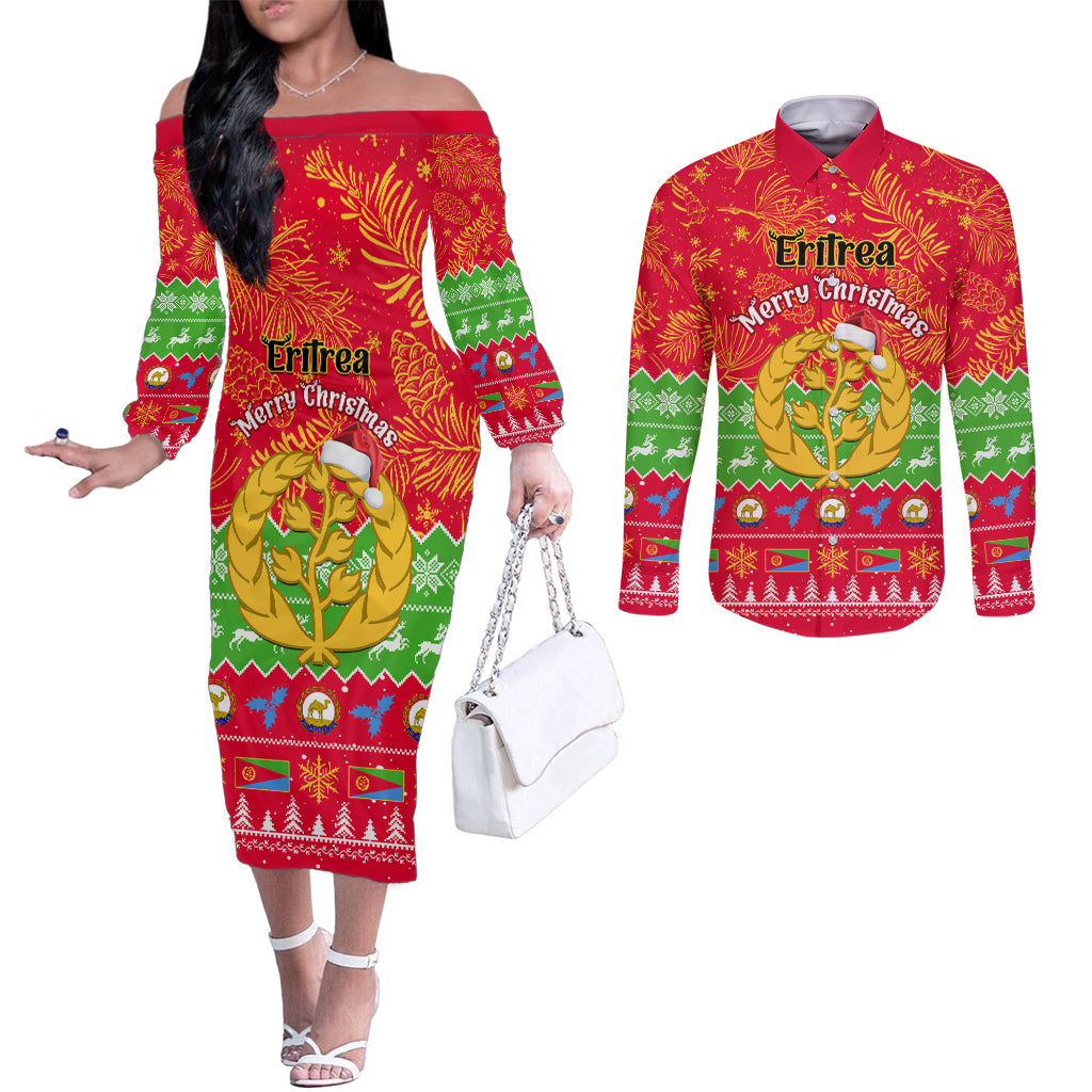 personalised-eritrea-christmas-couples-matching-off-the-shoulder-long-sleeve-dress-and-long-sleeve-button-shirt-eritrean-olive-santa-claus-merry-xmas