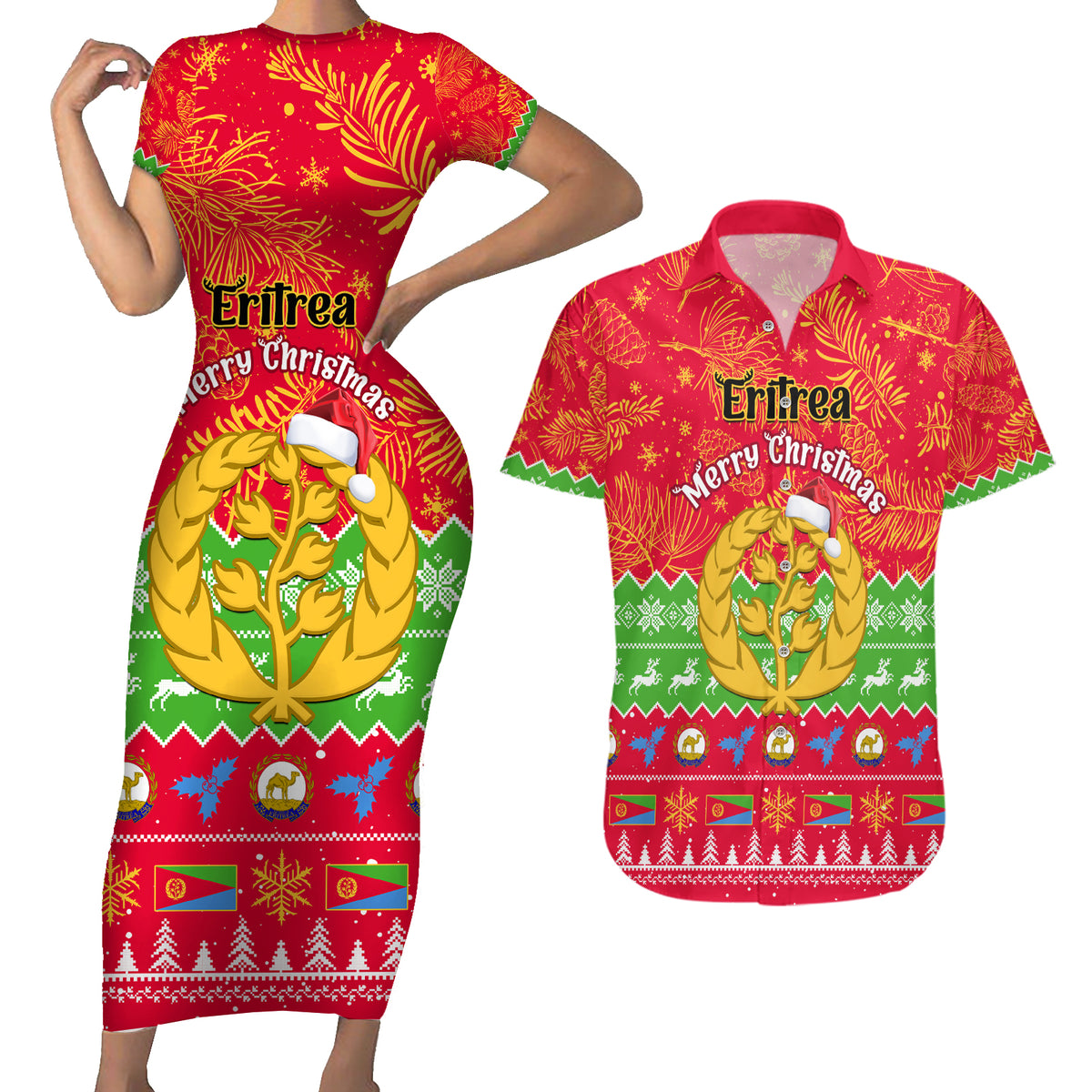 Personalised Eritrea Christmas Couples Matching Short Sleeve Bodycon Dress and Hawaiian Shirt Eritrean Olive Santa Claus Merry Xmas - Wonder Print Shop