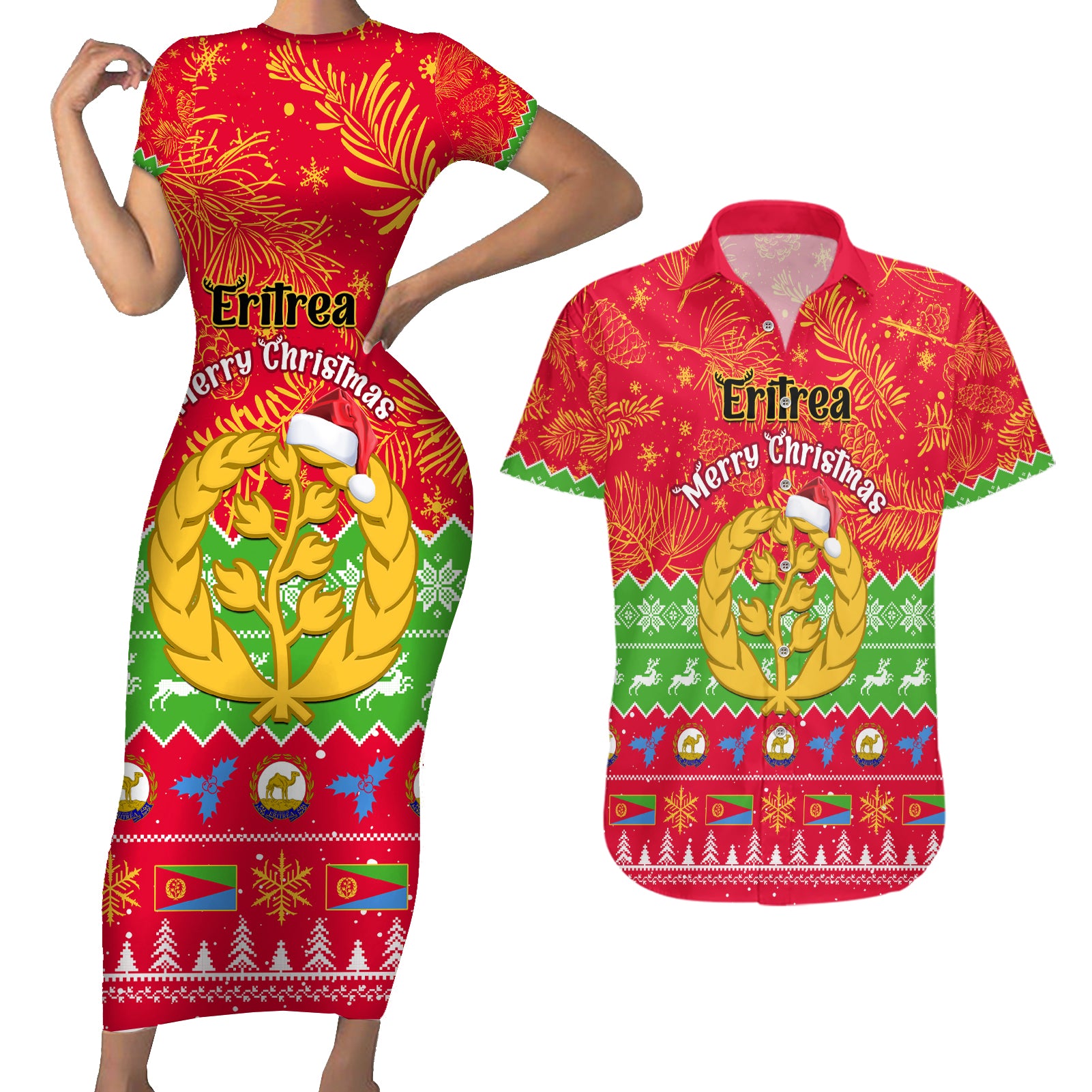 Personalised Eritrea Christmas Couples Matching Short Sleeve Bodycon Dress and Hawaiian Shirt Eritrean Olive Santa Claus Merry Xmas - Wonder Print Shop