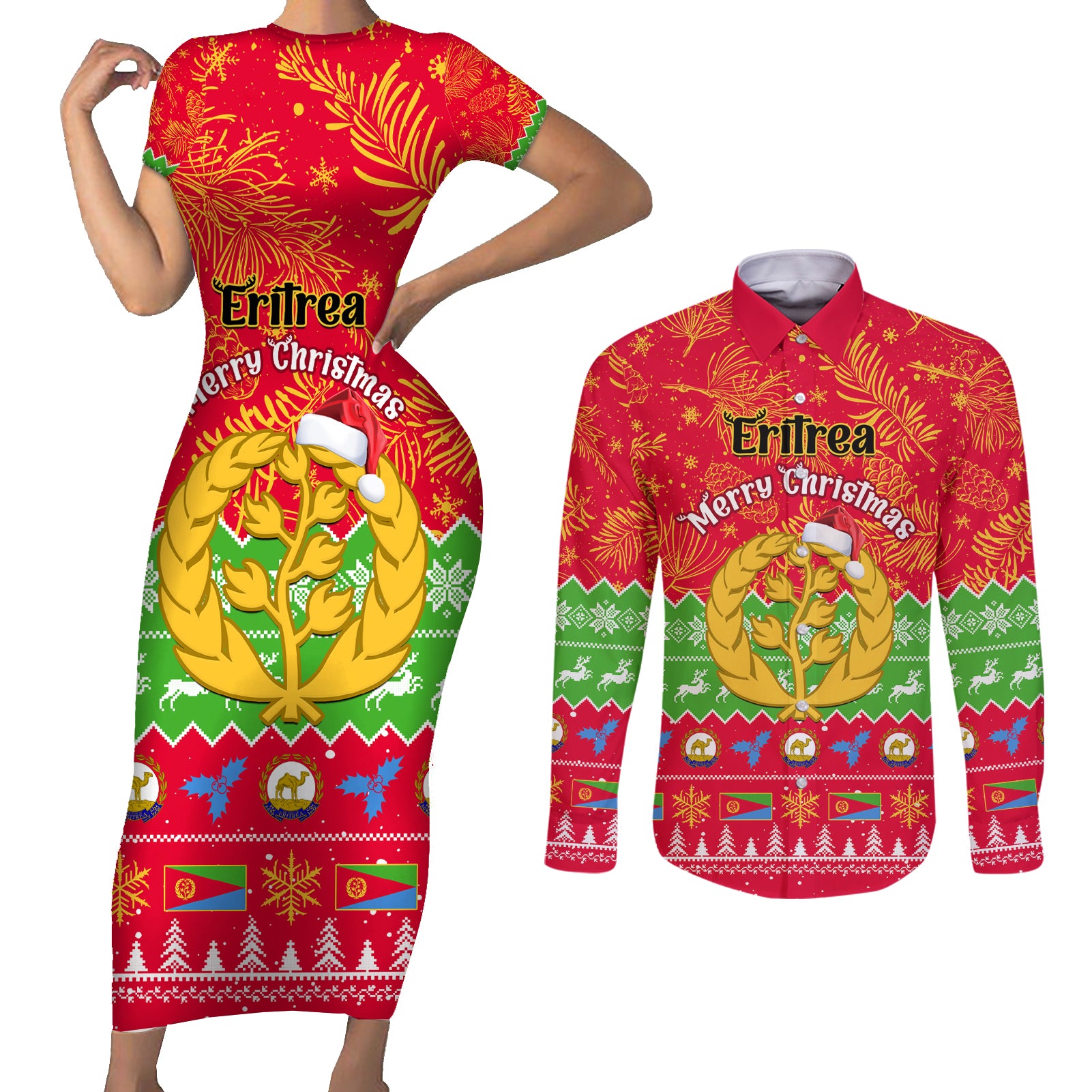 Personalised Eritrea Christmas Couples Matching Short Sleeve Bodycon Dress and Long Sleeve Button Shirt Eritrean Olive Santa Claus Merry Xmas - Wonder Print Shop