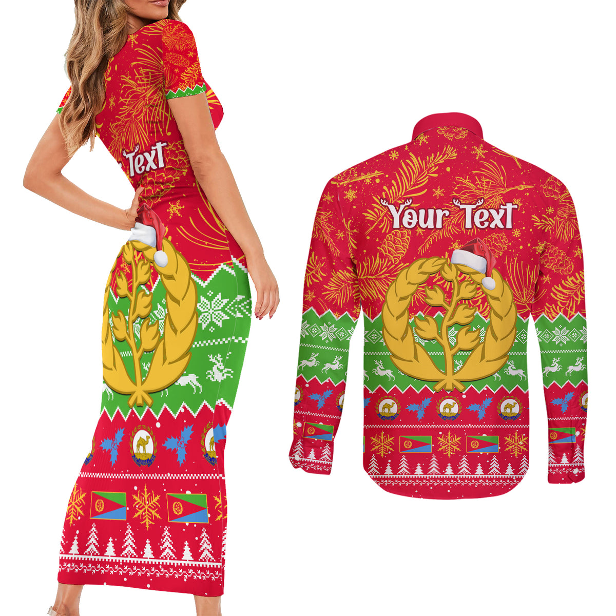 Personalised Eritrea Christmas Couples Matching Short Sleeve Bodycon Dress and Long Sleeve Button Shirt Eritrean Olive Santa Claus Merry Xmas - Wonder Print Shop