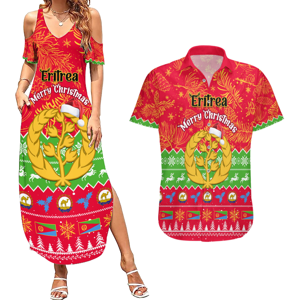 Personalised Eritrea Christmas Couples Matching Summer Maxi Dress and Hawaiian Shirt Eritrean Olive Santa Claus Merry Xmas - Wonder Print Shop