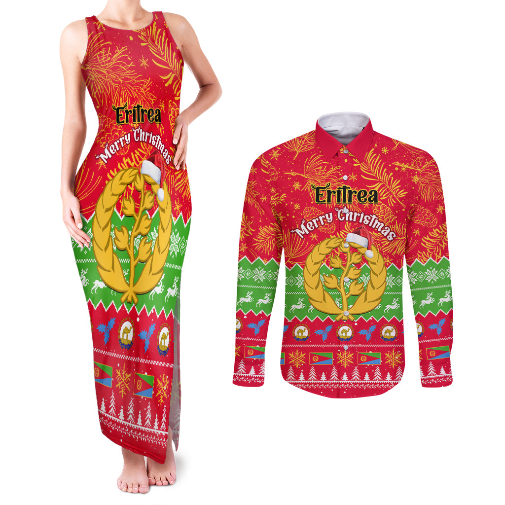 Personalised Eritrea Christmas Couples Matching Tank Maxi Dress and Long Sleeve Button Shirt Eritrean Olive Santa Claus Merry Xmas - Wonder Print Shop