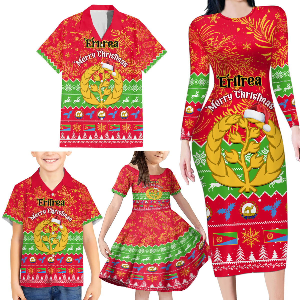 Personalised Eritrea Christmas Family Matching Long Sleeve Bodycon Dress and Hawaiian Shirt Eritrean Olive Santa Claus Merry Xmas - Wonder Print Shop