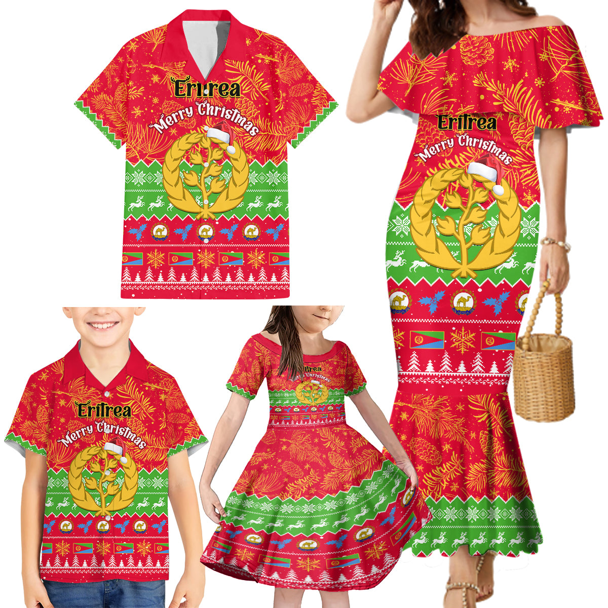 Personalised Eritrea Christmas Family Matching Mermaid Dress and Hawaiian Shirt Eritrean Olive Santa Claus Merry Xmas - Wonder Print Shop