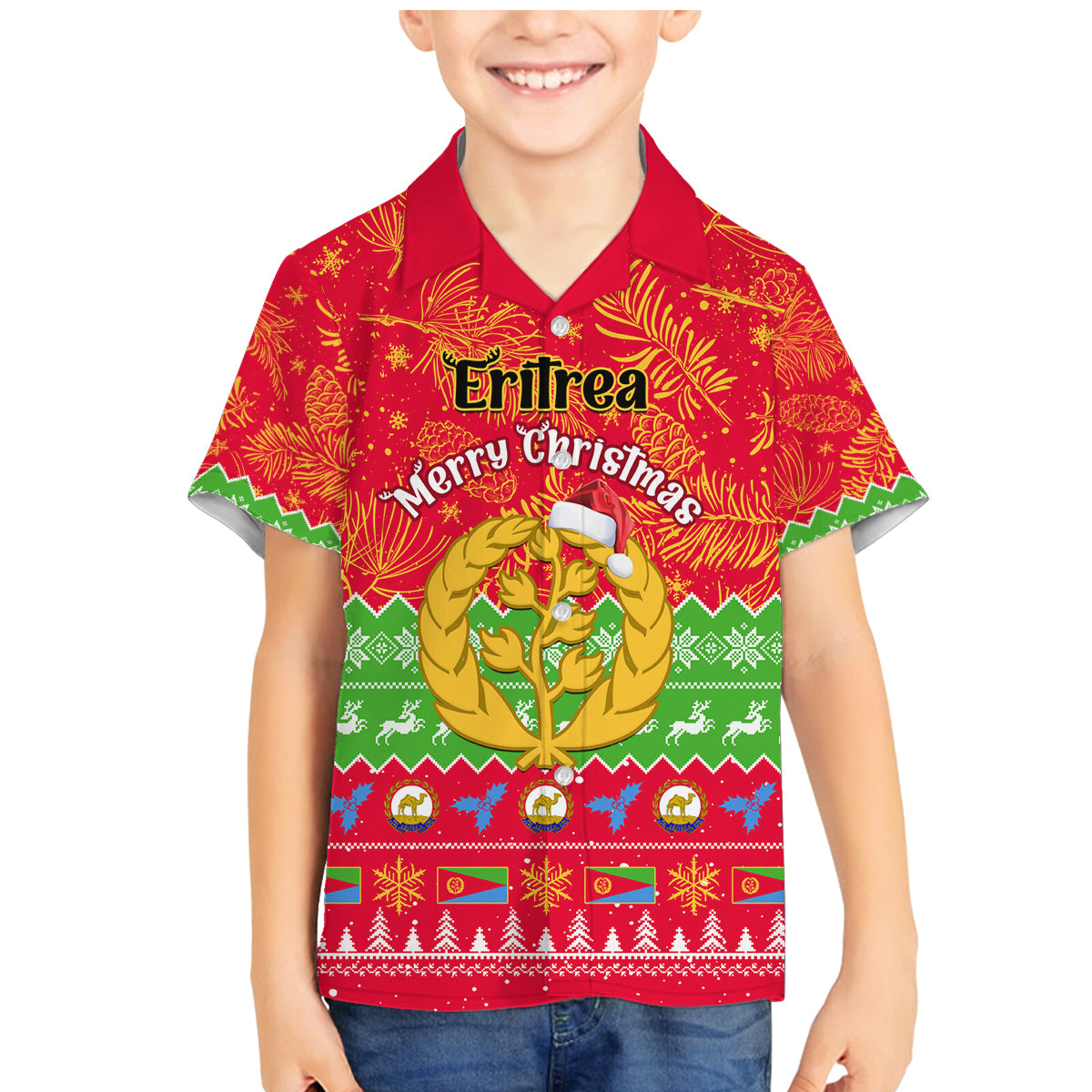 Personalised Eritrea Christmas Family Matching Mermaid Dress and Hawaiian Shirt Eritrean Olive Santa Claus Merry Xmas - Wonder Print Shop