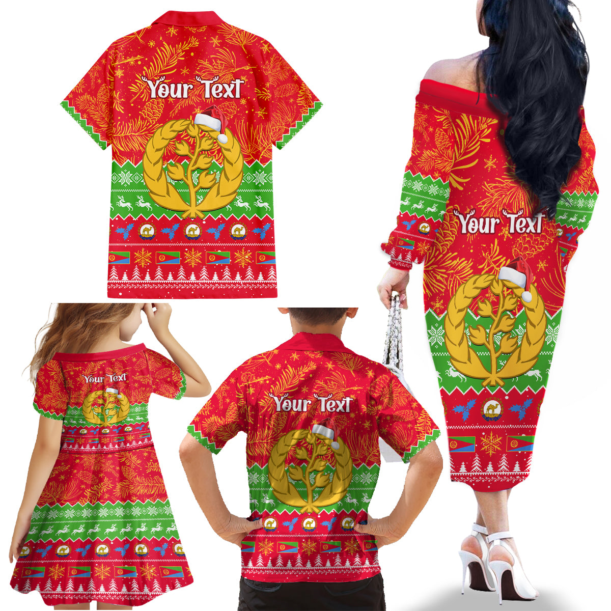 Personalised Eritrea Christmas Family Matching Off Shoulder Long Sleeve Dress and Hawaiian Shirt Eritrean Olive Santa Claus Merry Xmas - Wonder Print Shop