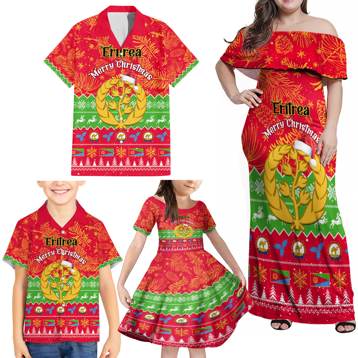 Personalised Eritrea Christmas Family Matching Off Shoulder Maxi Dress and Hawaiian Shirt Eritrean Olive Santa Claus Merry Xmas - Wonder Print Shop