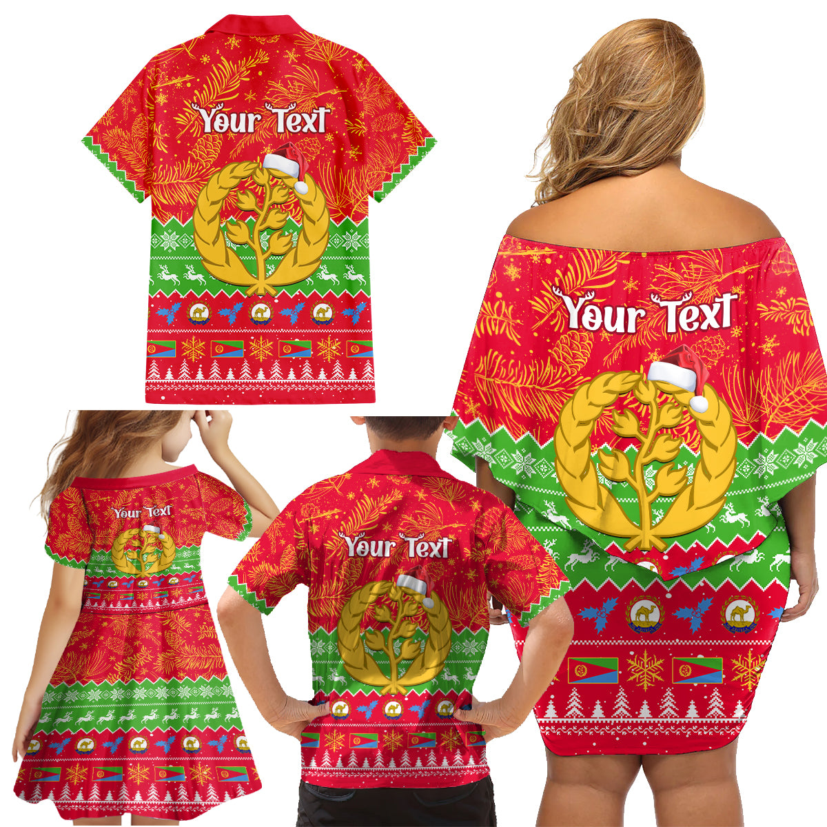 Personalised Eritrea Christmas Family Matching Off Shoulder Short Dress and Hawaiian Shirt Eritrean Olive Santa Claus Merry Xmas - Wonder Print Shop