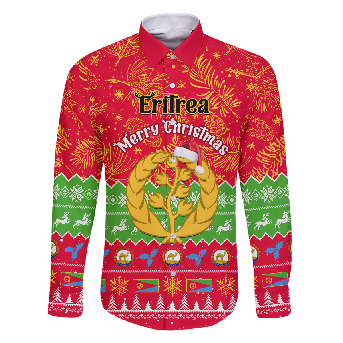 Personalised Eritrea Christmas Family Matching Off Shoulder Short Dress and Hawaiian Shirt Eritrean Olive Santa Claus Merry Xmas - Wonder Print Shop