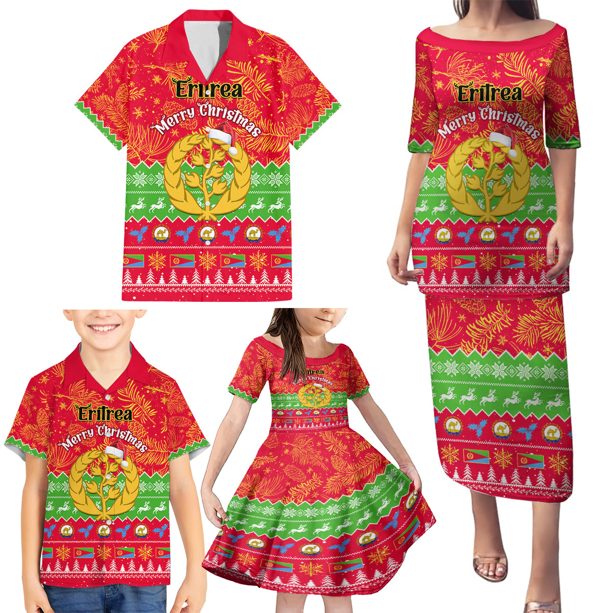 Personalised Eritrea Christmas Family Matching Puletasi Dress and Hawaiian Shirt Eritrean Olive Santa Claus Merry Xmas - Wonder Print Shop