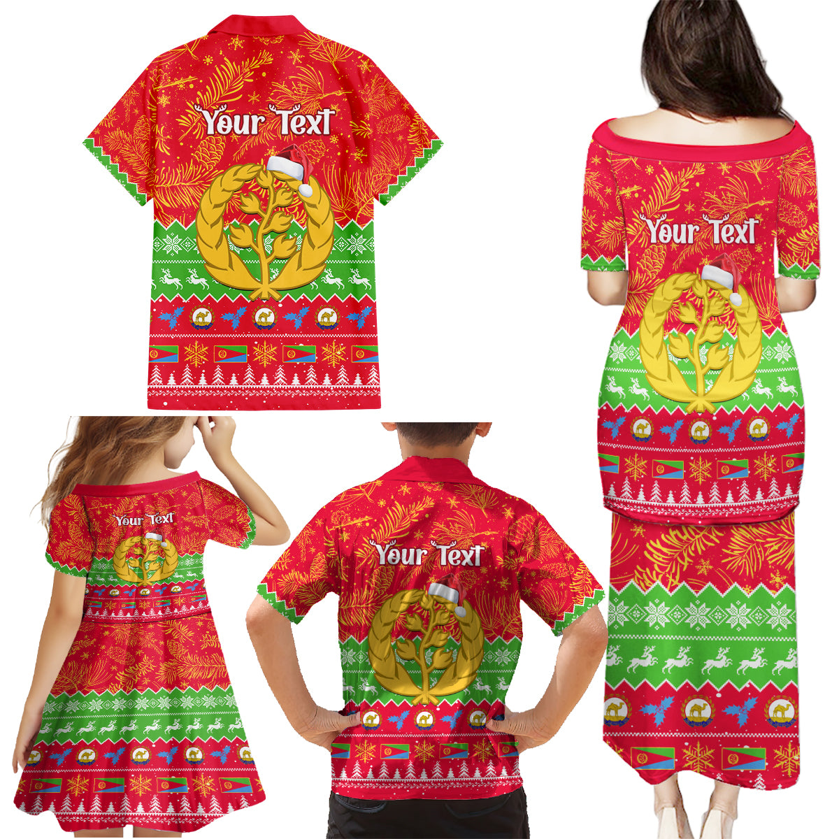 Personalised Eritrea Christmas Family Matching Puletasi Dress and Hawaiian Shirt Eritrean Olive Santa Claus Merry Xmas - Wonder Print Shop
