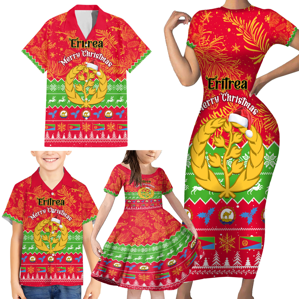 Personalised Eritrea Christmas Family Matching Short Sleeve Bodycon Dress and Hawaiian Shirt Eritrean Olive Santa Claus Merry Xmas - Wonder Print Shop