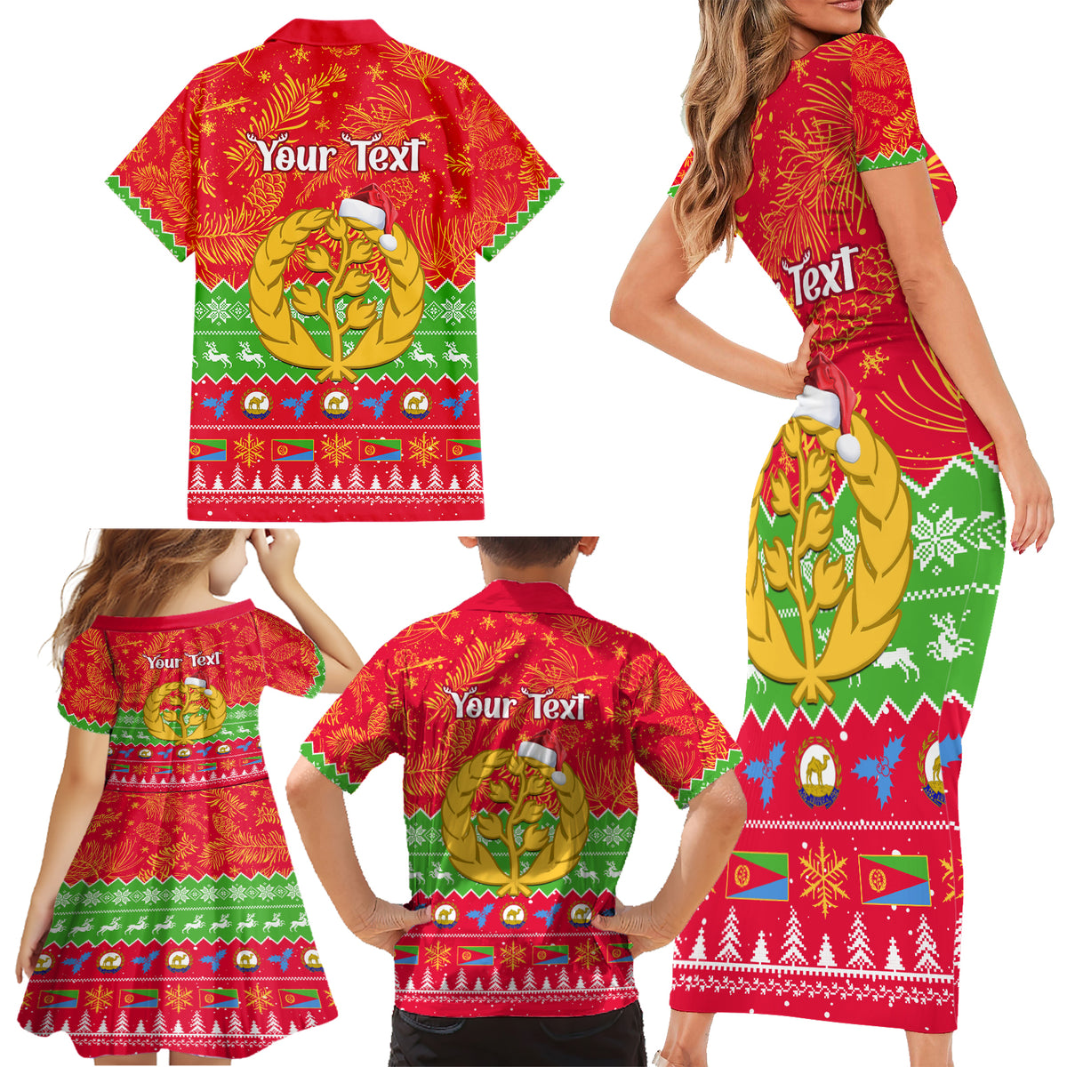 Personalised Eritrea Christmas Family Matching Short Sleeve Bodycon Dress and Hawaiian Shirt Eritrean Olive Santa Claus Merry Xmas - Wonder Print Shop