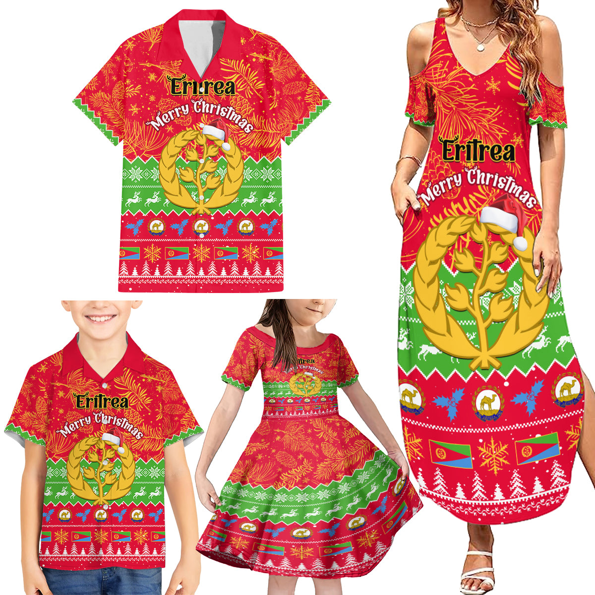 Personalised Eritrea Christmas Family Matching Summer Maxi Dress and Hawaiian Shirt Eritrean Olive Santa Claus Merry Xmas - Wonder Print Shop