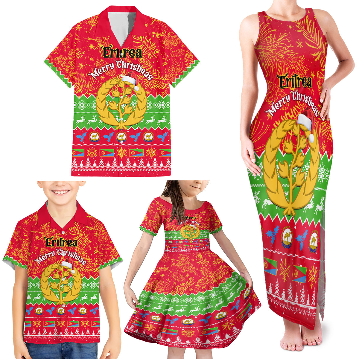 Personalised Eritrea Christmas Family Matching Tank Maxi Dress and Hawaiian Shirt Eritrean Olive Santa Claus Merry Xmas - Wonder Print Shop