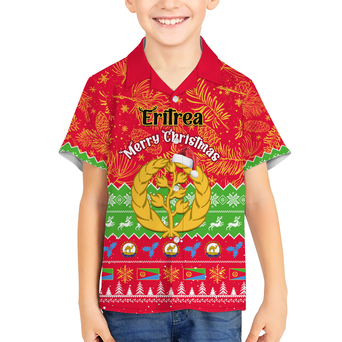 Personalised Eritrea Christmas Kid Hawaiian Shirt Eritrean Olive Santa Claus Merry Xmas - Wonder Print Shop