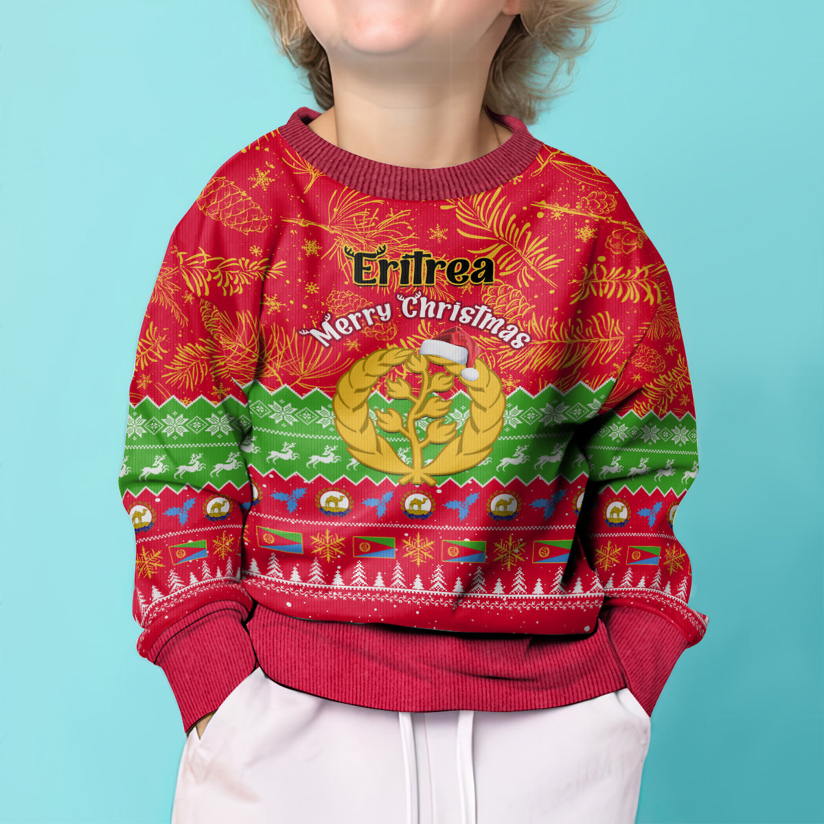 Personalised Eritrea Christmas Kid Ugly Christmas Sweater Eritrean Olive Santa Claus Merry Xmas - Wonder Print Shop