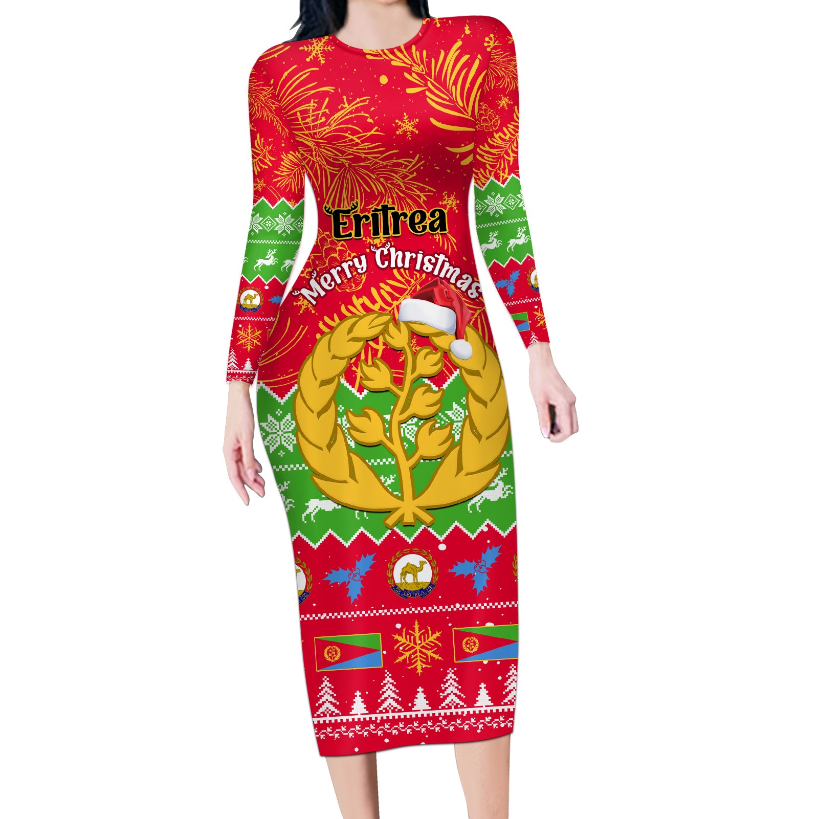 Personalised Eritrea Christmas Long Sleeve Bodycon Dress Eritrean Olive Santa Claus Merry Xmas - Wonder Print Shop
