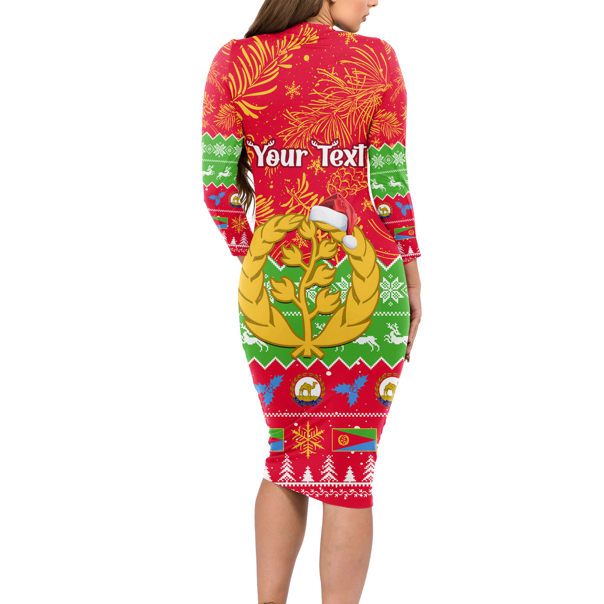 Personalised Eritrea Christmas Long Sleeve Bodycon Dress Eritrean Olive Santa Claus Merry Xmas - Wonder Print Shop