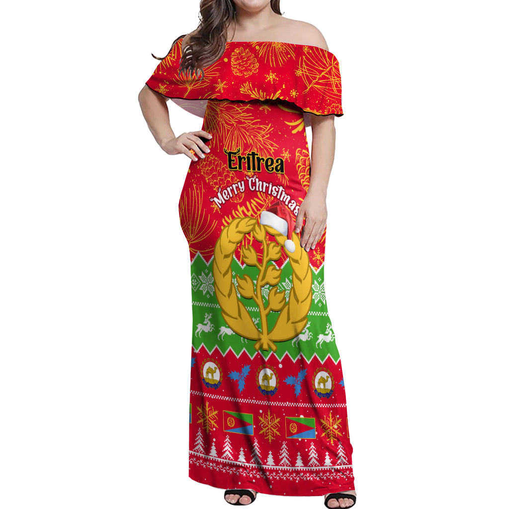 Personalised Eritrea Christmas Off Shoulder Maxi Dress Eritrean Olive Santa Claus Merry Xmas - Wonder Print Shop