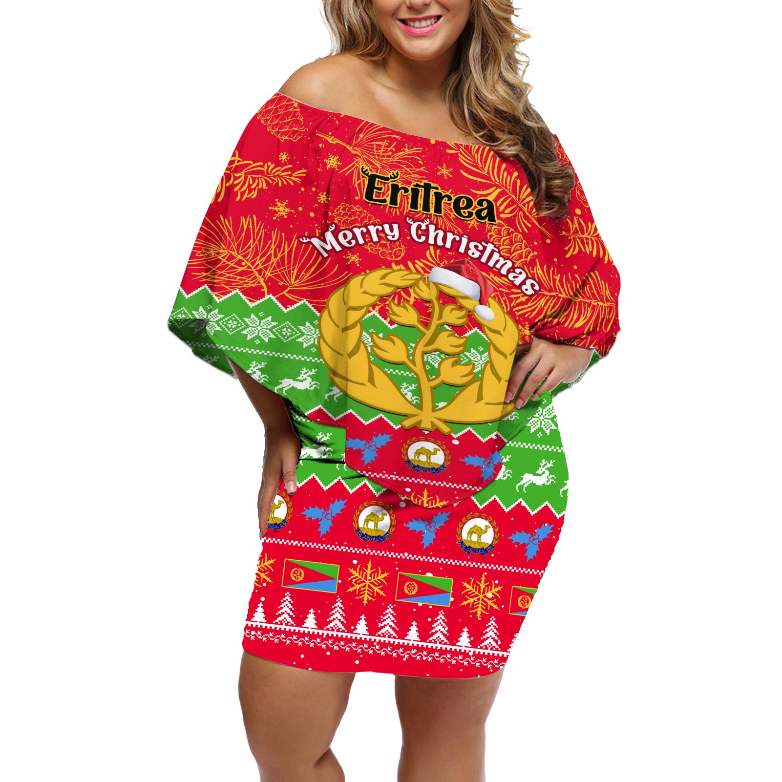 personalised-eritrea-christmas-off-shoulder-short-dress-eritrean-olive-santa-claus-merry-xmas