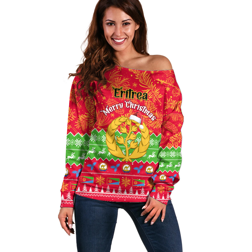 Personalised Eritrea Christmas Off Shoulder Sweater Eritrean Olive Santa Claus Merry Xmas - Wonder Print Shop
