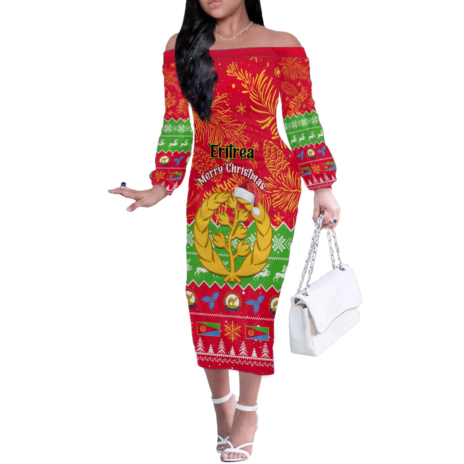 Personalised Eritrea Christmas Off The Shoulder Long Sleeve Dress Eritrean Olive Santa Claus Merry Xmas - Wonder Print Shop