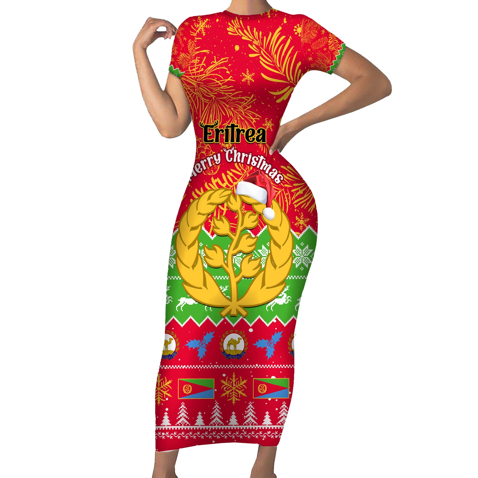 Personalised Eritrea Christmas Short Sleeve Bodycon Dress Eritrean Olive Santa Claus Merry Xmas - Wonder Print Shop