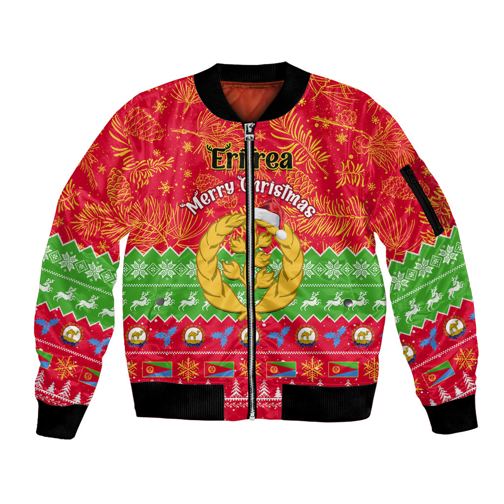 Personalised Eritrea Christmas Sleeve Zip Bomber Jacket Eritrean Olive Santa Claus Merry Xmas - Wonder Print Shop
