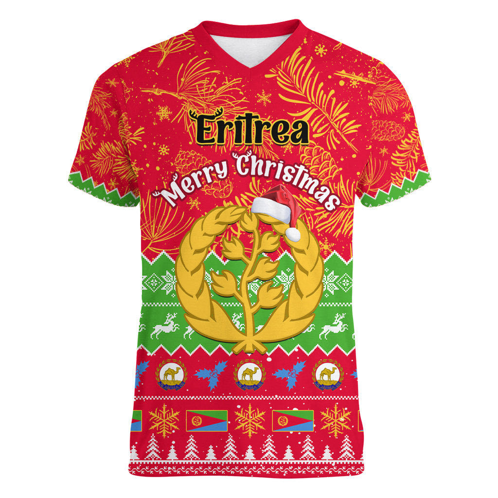Personalised Eritrea Christmas Women V Neck T Shirt Eritrean Olive Santa Claus Merry Xmas - Wonder Print Shop