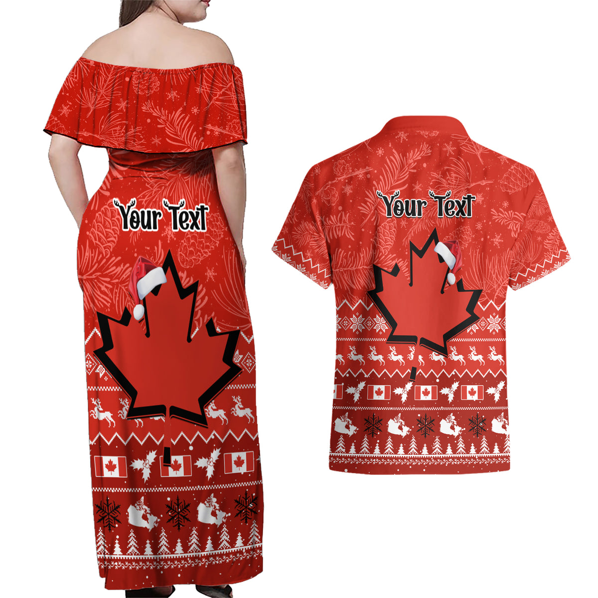 Personalised Canada Christmas Couples Matching Off Shoulder Maxi Dress and Hawaiian Shirt Maple Leaf Santa With Map Merry Xmas - Wonder Print Shop