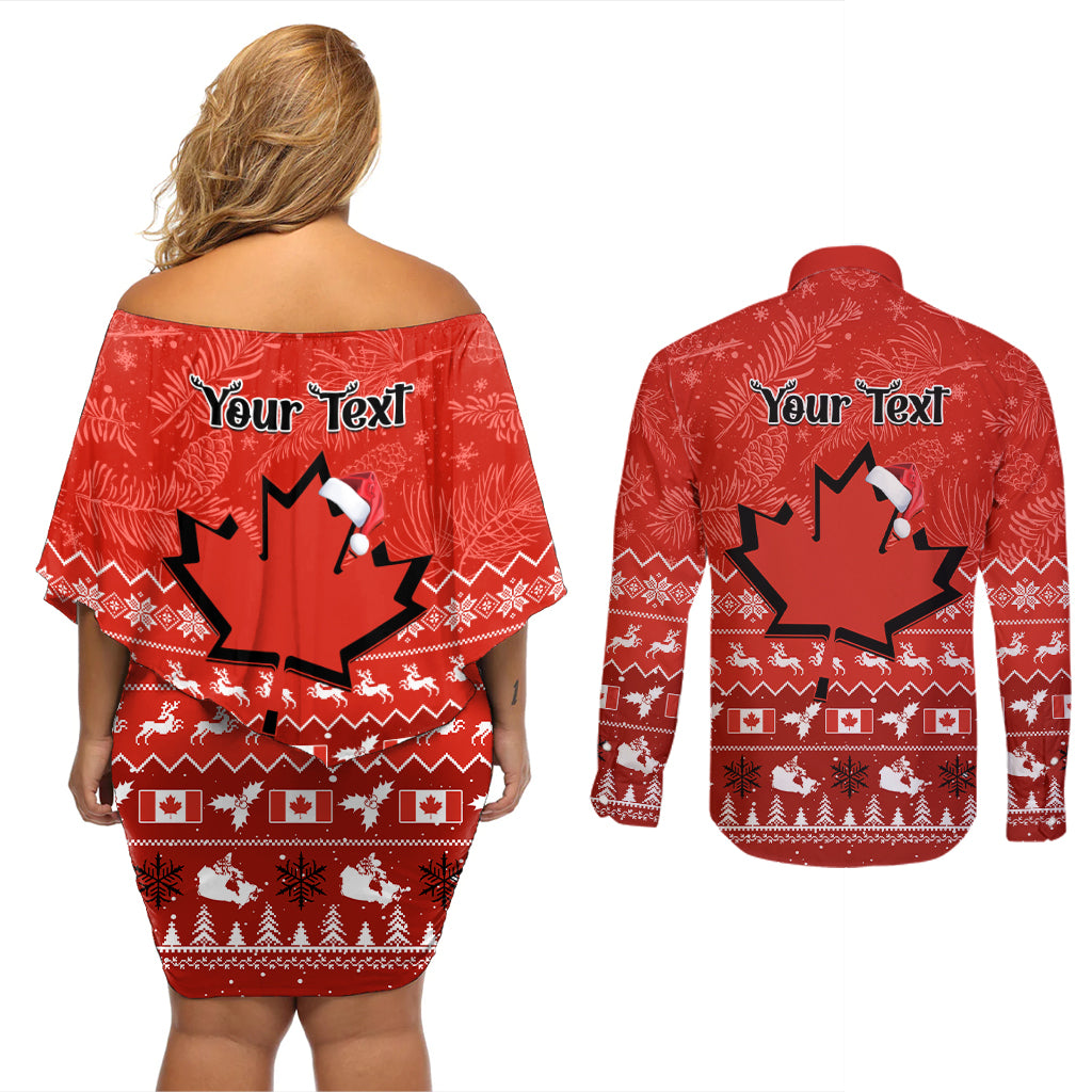 Personalised Canada Christmas Couples Matching Off Shoulder Short Dress and Long Sleeve Button Shirt Maple Leaf Santa With Map Merry Xmas - Wonder Print Shop
