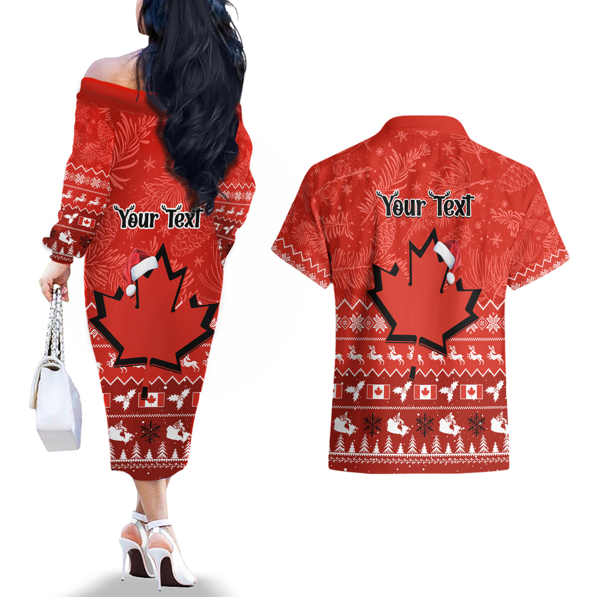 Personalised Canada Christmas Couples Matching Off The Shoulder Long Sleeve Dress and Hawaiian Shirt Maple Leaf Santa With Map Merry Xmas - Wonder Print Shop