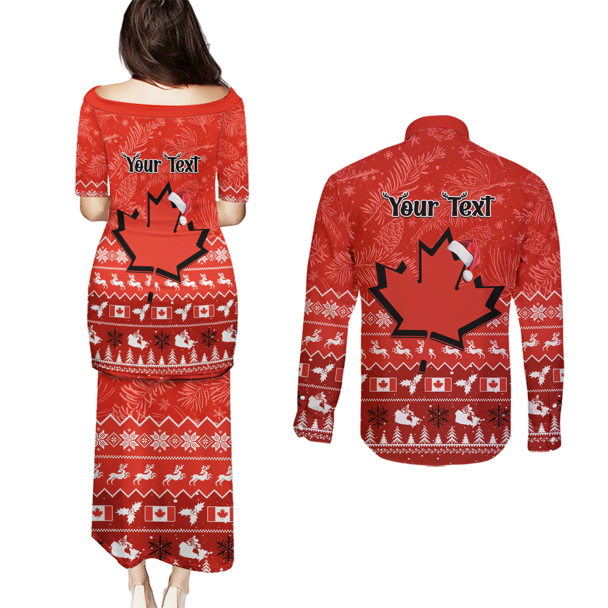 Personalised Canada Christmas Couples Matching Puletasi Dress and Long Sleeve Button Shirt Maple Leaf Santa With Map Merry Xmas - Wonder Print Shop
