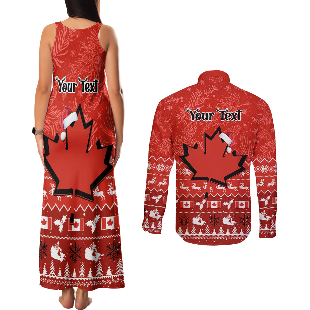 Personalised Canada Christmas Couples Matching Tank Maxi Dress and Long Sleeve Button Shirt Maple Leaf Santa With Map Merry Xmas - Wonder Print Shop