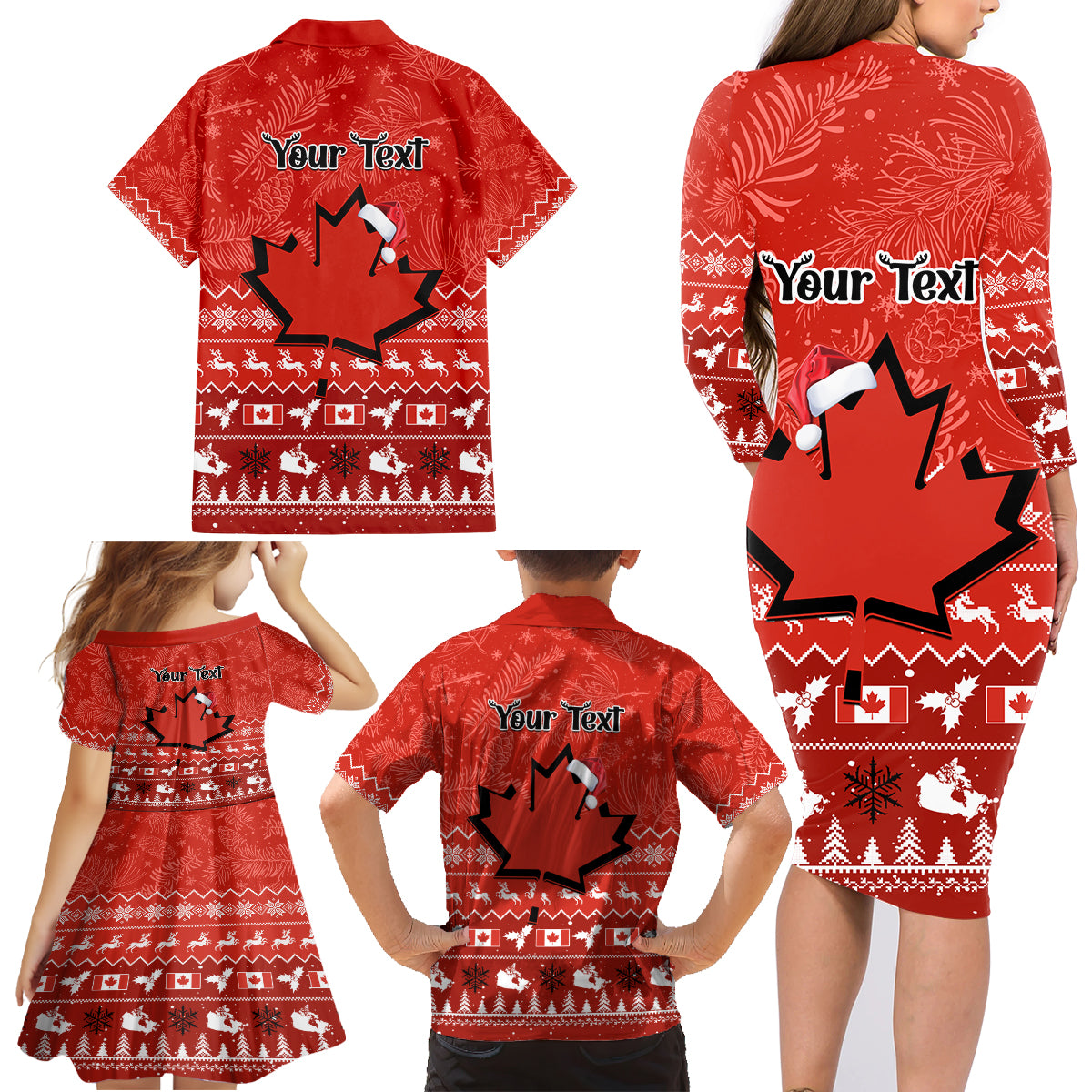 Personalised Canada Christmas Family Matching Long Sleeve Bodycon Dress and Hawaiian Shirt Maple Leaf Santa With Map Merry Xmas - Wonder Print Shop