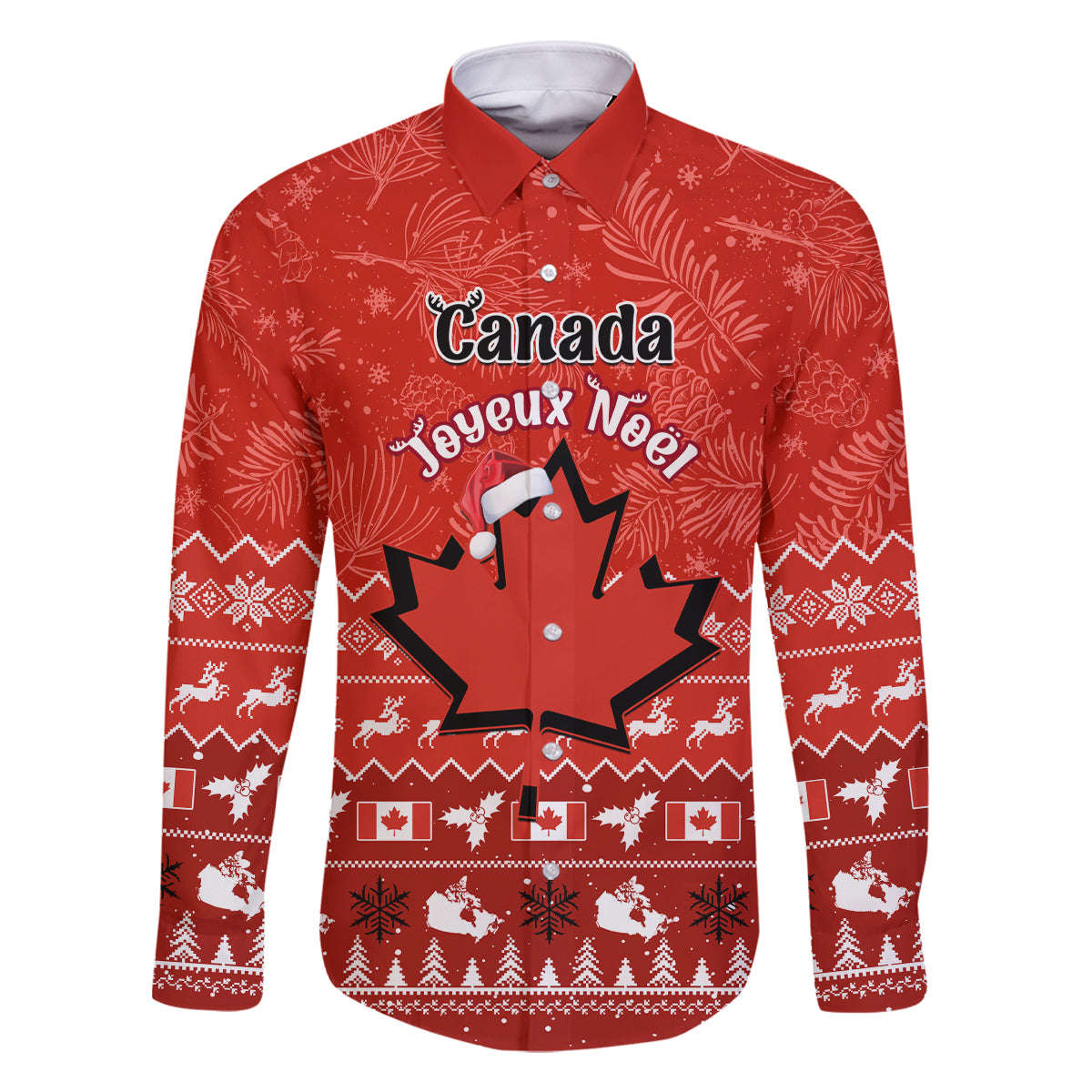 Personalised Canada Christmas Family Matching Off Shoulder Long Sleeve Dress and Hawaiian Shirt Maple Leaf Santa With Map Merry Xmas - Wonder Print Shop