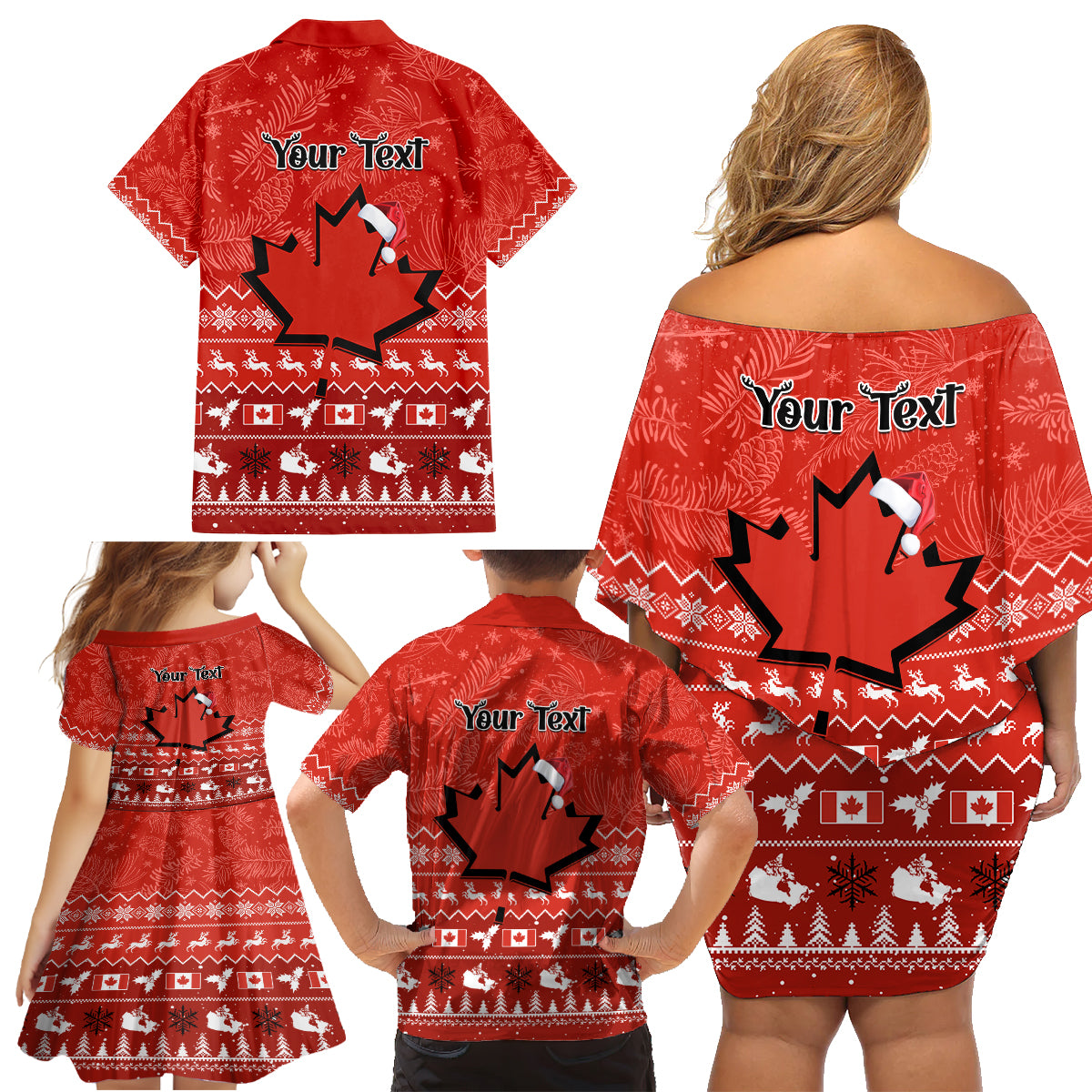 Personalised Canada Christmas Family Matching Off Shoulder Short Dress and Hawaiian Shirt Maple Leaf Santa With Map Merry Xmas - Wonder Print Shop